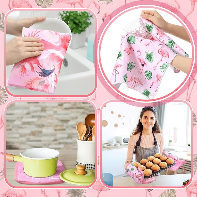 Fourluoo 10 Pcs Flamingo Kitchen Dish Towels Rugs Oven Mitts and Pot Holders Set Farmhouse Kitchen Decor Set for Women Mom Daughter Gift Cooking Baking Grilling(Cute Pink)