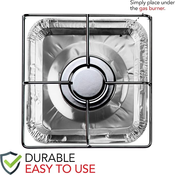 Disposable Gas Burner Liners (100 Pack) Aluminum Foil Square Gas Stove Burner Covers - 8.5 Inch Gas Range Protector, Stove Top Covers for Gas Burners, Foil Liners to Catch Oil, Grease, and Food Spills