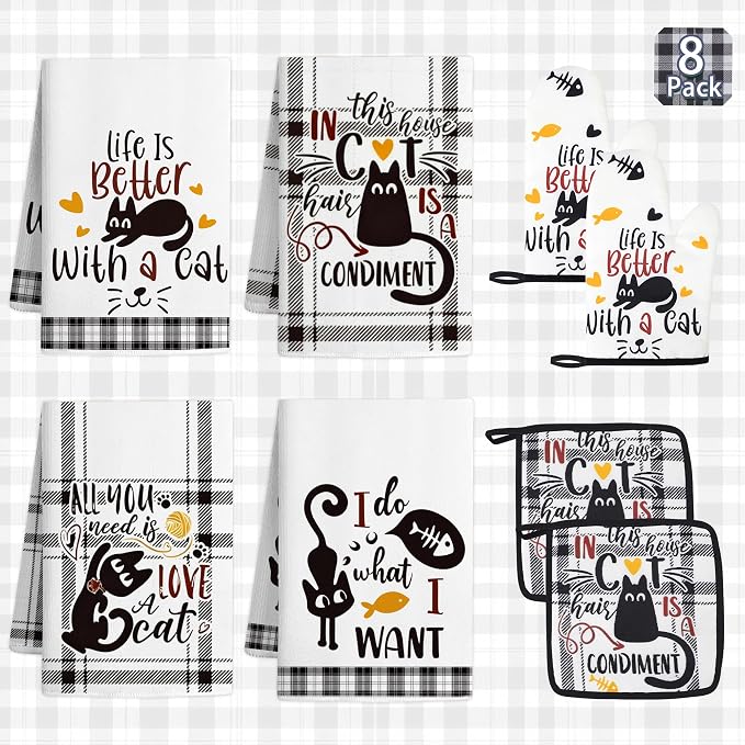 8 PCS Black Cat Decor Kitchen Decor and Accessories - 4 Dish Towels Set 2 Oven Mitts and Pot Holders Sets for Cat Lover Cooking Baking Cute Kitty Kitten Plaid Lightweight