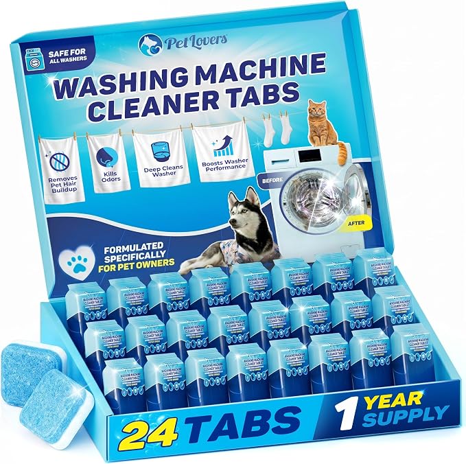 PetLovers Washing Machine Cleaner Tablets Unscented - Removes Pet Hair Buildup & Odors, Deep Cleans HE Front Load & Top Load Washers, 24 Pack (1 Year Supply)