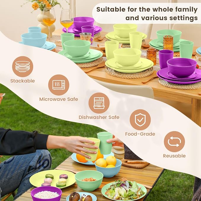 40-Piece Kichen Dinnerware Set, Wheat Straw Dinnerware Set, Plates, Bowls, Drinking Cups, Service for 8, Dishwasher & Microwave Safe Dish Set, Unbreakable Plates and Bowls Set - Memphis