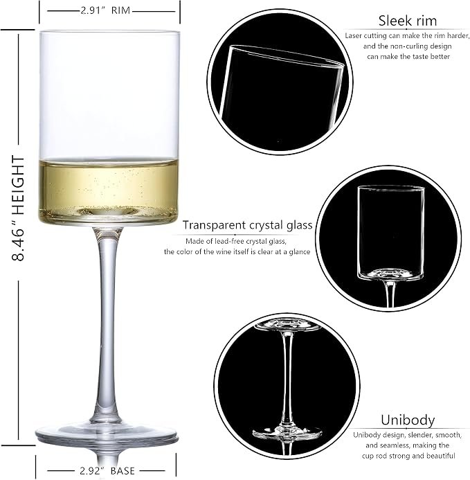 Wine Glasses Set of 4 - Hand Blown wine glass 15oz in Gift Packaging - Large White Wine Glass on Long Stem - Unique Modern Shape - For Wedding, Anniversary, Father’s Day