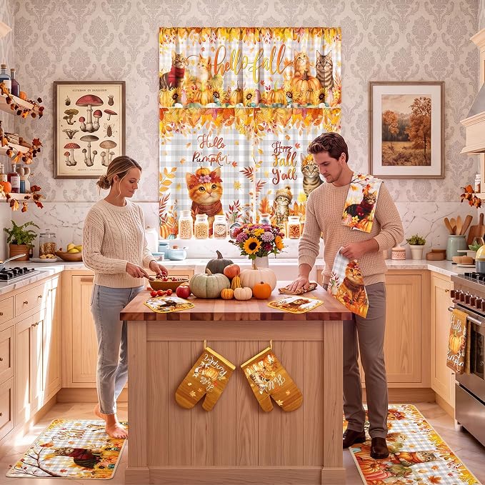 13 Pcs Fall Kitchen Decor Set, Cute Cat Themed Kitchen Towels, Cats Non Slip Floor Mats, Curtains and Valance, Pot Holders Oven Mitts, Home Decoration Gift for Cooking Baking