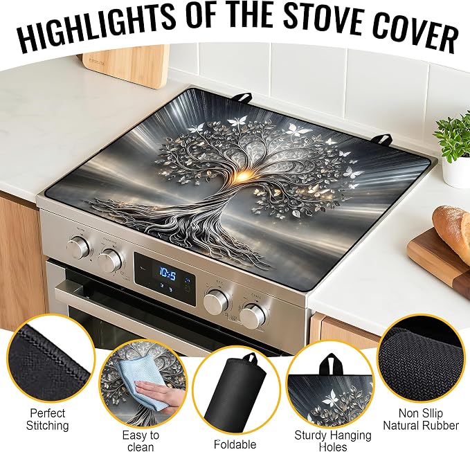 NYZE Extra Counter Space Stove Cover for Glass Top Stoves, 28" x 20" Decorative Silver Tree of Life with Butterflies Cooktop Protector, Durable Heat Resistant Mat Pad for Kitchen Organization