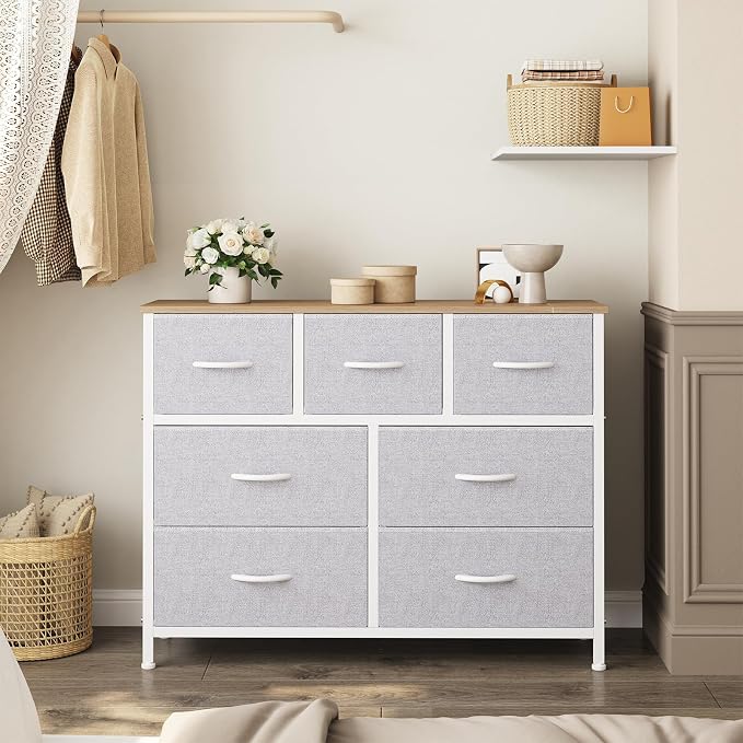 Sweetcrispy 7 Drawer Dresser for Bedroom Storage, Fabric Bins, Light Grey | Anti-Tip Closet Organizer, Wooden Top and Sturdy Steel Frame, Spacious Drawers for Clothes Storage, Hallway Entryway