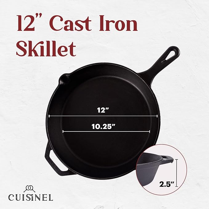 Cuisinel Cast Iron Skillet with Lid - 12"-Inch Frying Pan + Glass Cover + Silicone Handle Holder - PFAS and PFOA-free Pre-Seasoned Oven Safe Cookware - Indoor/Outdoor Use - Grill, BBQ, Fire, Stovetop