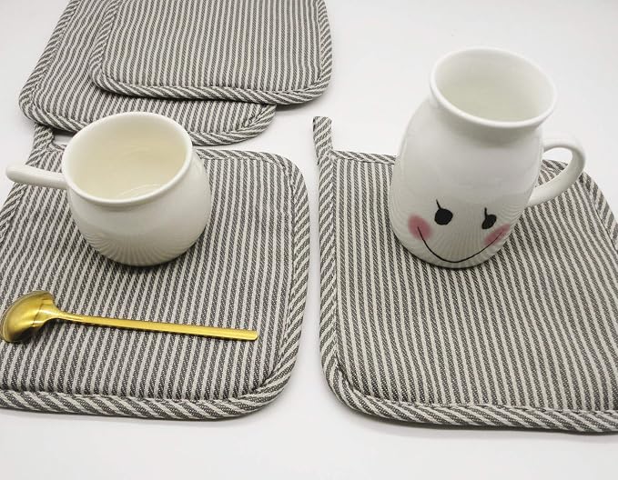 Cotton Oven Mitts and Pot Holders Set, Grey Stripes, Set of 3 | Quilted Oven Mitts Heat Resistant, Pot Holders and Oven Mitts For Kitchen