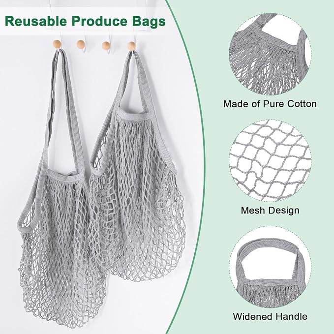 M METERXITY 2-Pack Cotton Mesh Bag, Reusable Washable Mesh Net String Grocery Bags, Reusable Produce Bags with Handle, Net Tote Bag for Fruits/Vegetables Shopping [Gray, Long&Short Handle]