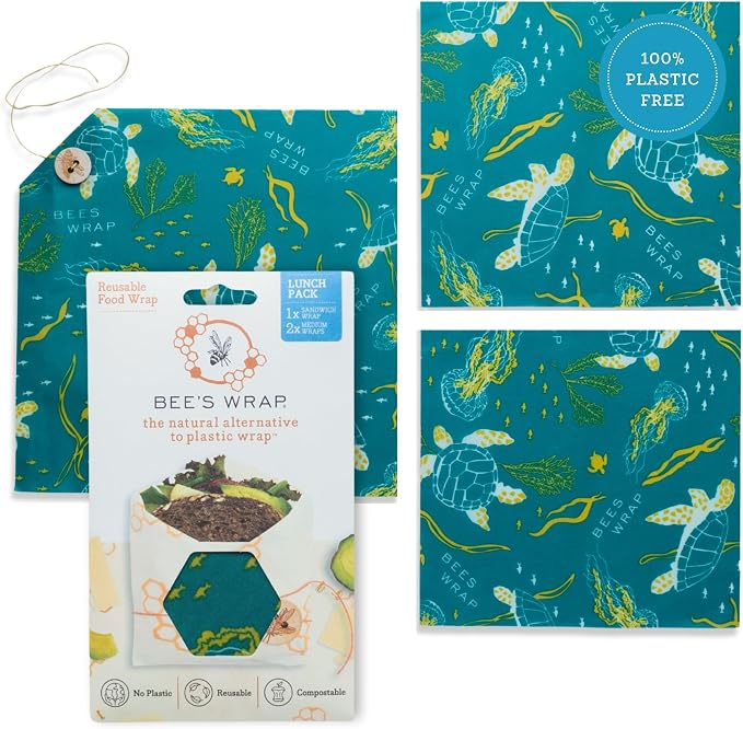 Bee's Wrap Beeswax Food Wraps, 2 Medium & Sandwich Pack - Ocean | Organic Beeswax Wraps - Plastic Free - Reusable Food Storage - Lunches & Leftovers - Made in USA