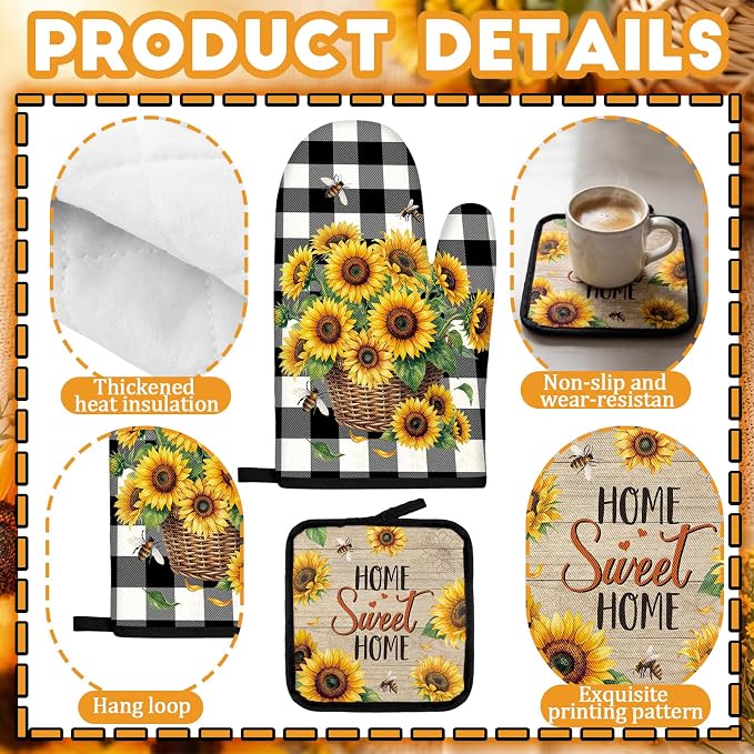 Fourluoo 16 Pcs Sunflower Kitchen Decor Set, Kitchen Towels, Sunflower Dishcloths, Black White Plaid Non Slip Rugs Mats, Oven Mitts, Pot Holders Placemats and Curtains Set for Home Summer Decoration