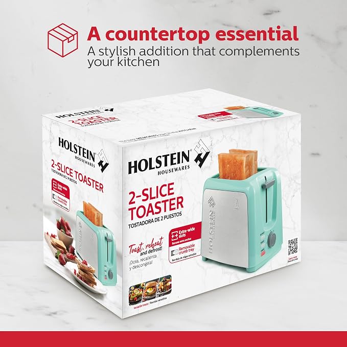 Holstein Housewares 2-Slice Toaster with 7 Browning Settings, Extra-Wide Slots, Reheat, Defrost, Cancel, High-Lift Release, Removable Crumb Tray – Compact Stainless Steel, Mint