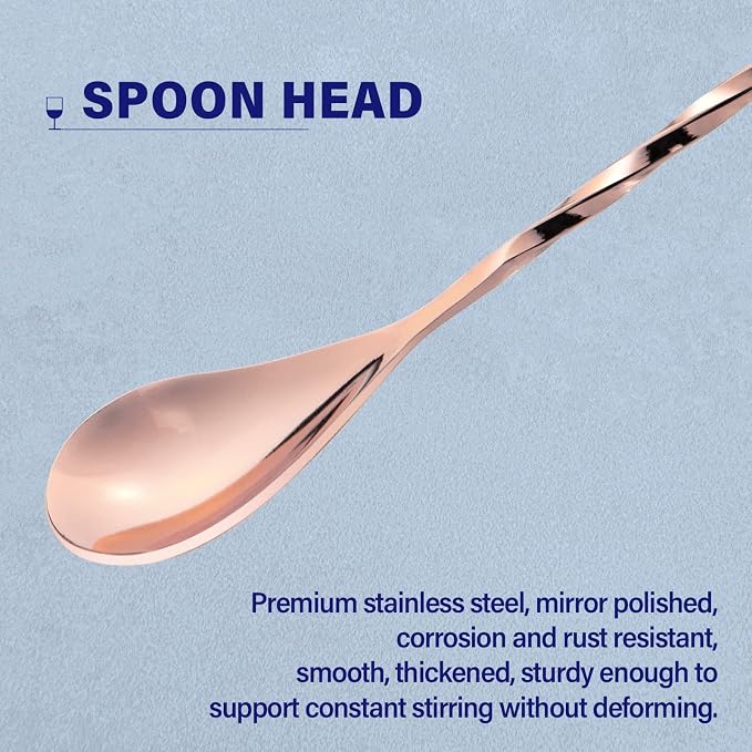 Bar Spoon Cocktail Mixing Stirrer, 2Pcs, 12” Long Handle, Rose Gold | 18/8 Stainless Steel, Long Drink Spoons, for Stirring Coffee & Cocktails