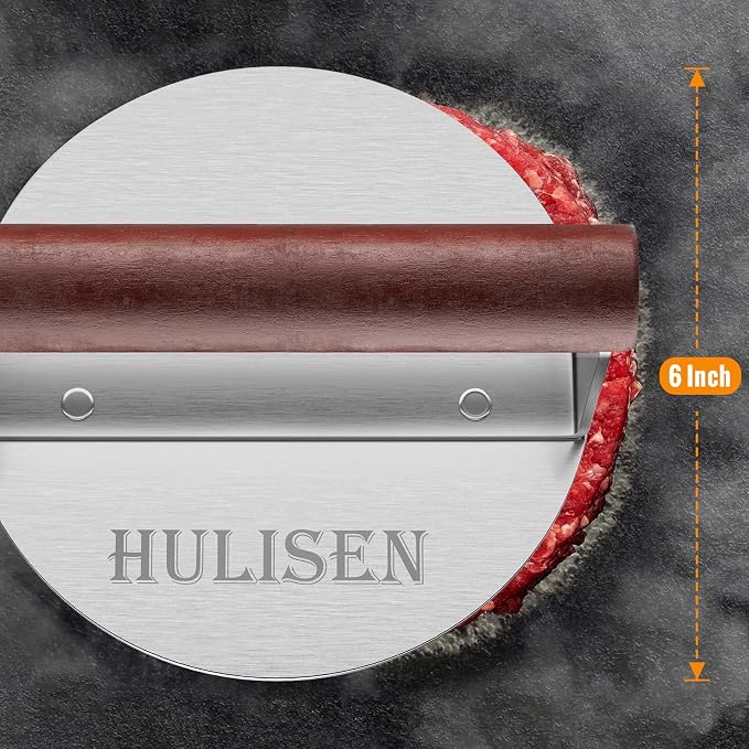HULISEN Burger Smasher, Stainless Steel Smashed Burger Press, 6 Inch Hamburger Press for Griddle, Heavy-Duty Grill Press with Wood Handle, BBQ Accessories Tool, Weights 1.24 lb, Gift Wrapping | Wood Handle, 2.5 mm Thick Round Base, Thin Patties with Cr...