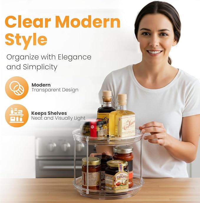 Oizeir 2 Tier Lazy Susan Organizer for Cabinet, Clear Acrylic Rotating Spice Rack Turntable for Kitchen, Pantry, Countertop, Bathroom, Vanity – Double Tier Storage Carousel with Metal Supports