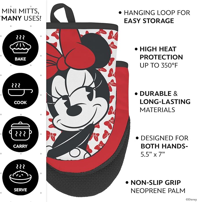 Disney Minnie Cotton Kitchen Towels & Mini Oven Mitts, 4-Piece Set | Absorbent, dries dishes fast, machine washable, mitt grip resists heat to 350F and is hand wash only, great for gifting