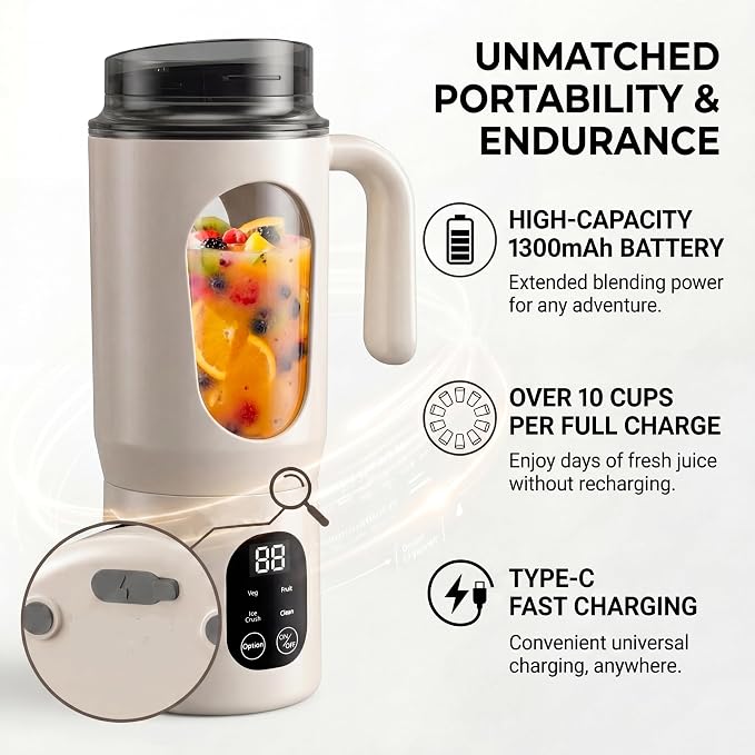 Portable Blender 20oz Personal Electric Juicer Cup with 12 Blades Auto Cleaning，Rechargeable Travel Blender for Smoothies, Shakes, Salsa, Ice Crushing & Frozen Drinks,with Lid for Direct Drinking
