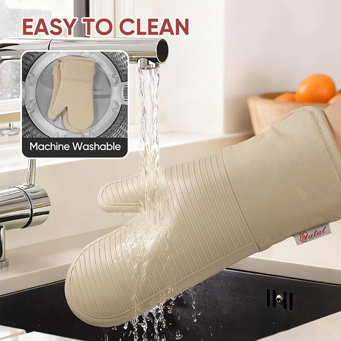 YUTAT Silicone Oven Mitts and Pot Holders Set,High Heat Resistant Up to 500 Degrees,Waterproof Cooking Gloves with Soft Polyester Filling,Kitchen Potholder Set,Khakis,4 Pcs Set