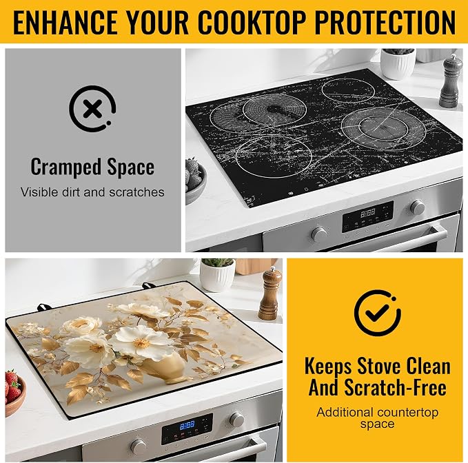 NYZE Gold Leaves & Cream Floral Stove Top Cover for Electric/Glass Stove, Flat Top Cooktop Protector, Electric Cooktop Cover, Extra Counter Space for Kitchen