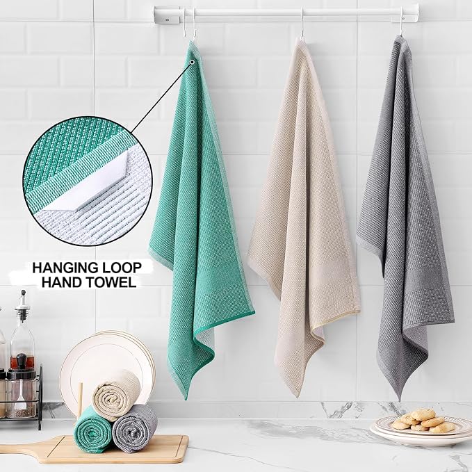 Homaxy 380 GSM Cotton Premium Kitchen Towels 6 Pack, 18"x 28", Mix | Flat and Terry Dish Towels, Highly Absorbent Tea Towel Set with Hanging Loop, Soft Kitchen Hand Towels, Grey/Green/Khaki