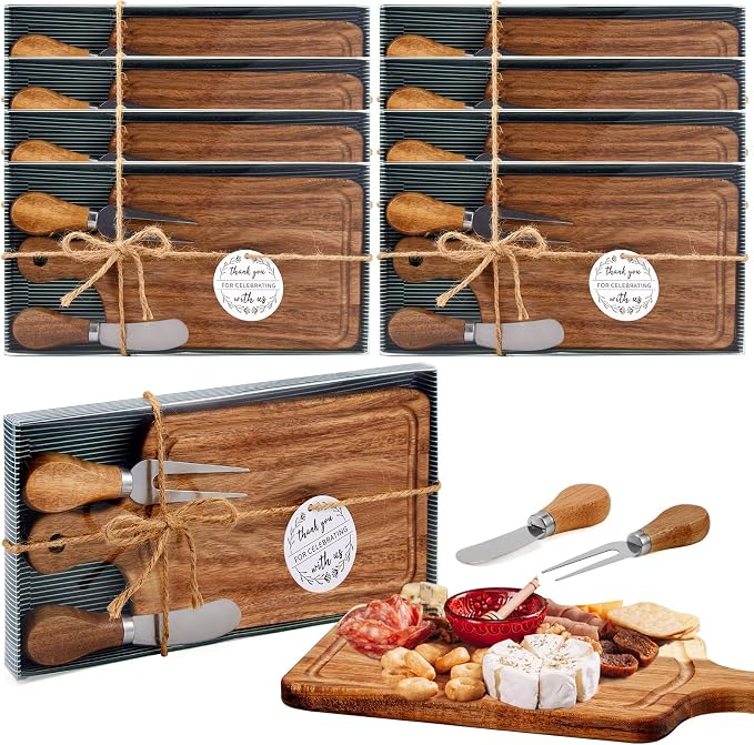 8 Sets Bridal Shower Favor Prizes Charcuterie Board,Acacia Color | Acacia Wood Cheese Board with Knife Fork Thank You Tag, Gift Box for Guests, Valentines Wedding Baby Shower Party Favors
