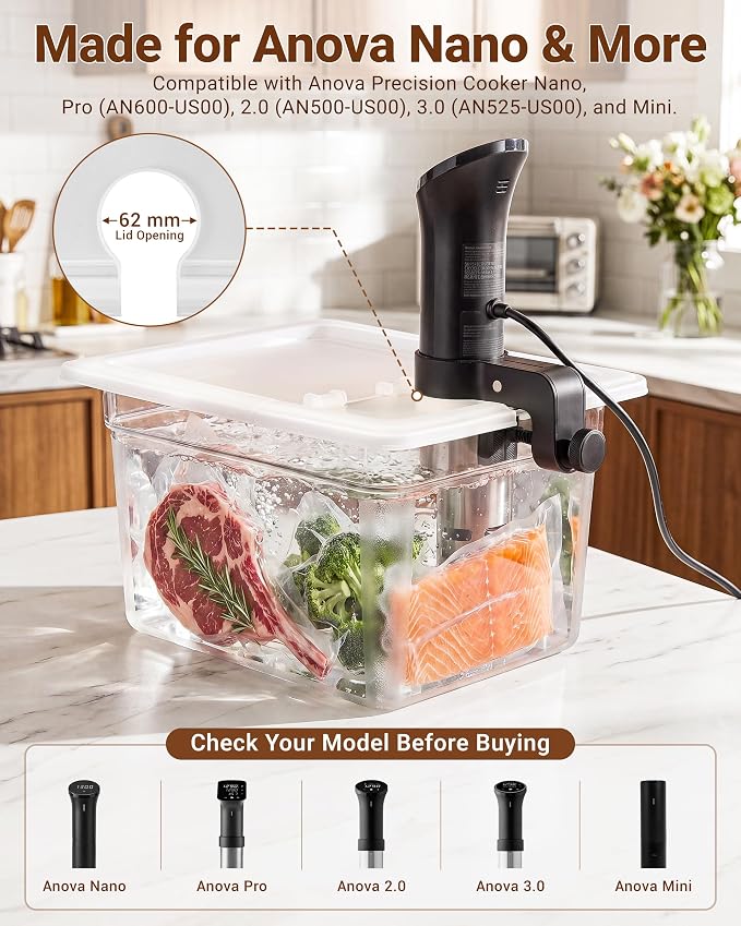 EVERIE EVC-NANO Sous Vide Container 12 Quart with Upgraded Collapsible Hinged Lid, Stronger Split-Hinge Design, Compatible with Anova Nano, AN500-US00, Anova Pro 3.0, Anova Mini, and Instant Pot