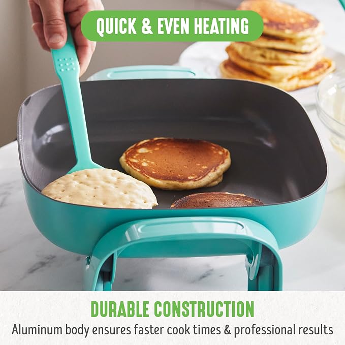 GreenLife 12" 5QT Electric Skillet, Turquoise | PFAS-Free Ceramic Nonstick Coated Interior, Glass Vented Lid, Temperature Control, Dishwasher Safe, Pancakes, Eggs, Bacon