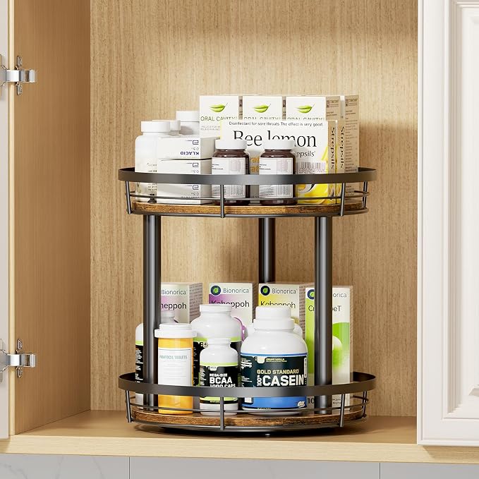 LAMU 12'' Wood Lazy Susan Spice Rack Organizer, 2 Tier Spice Organization for Cabinet, Countertop, Kitchen, Table Top, Pantry, Condiment and Seasoning Rack Organizer