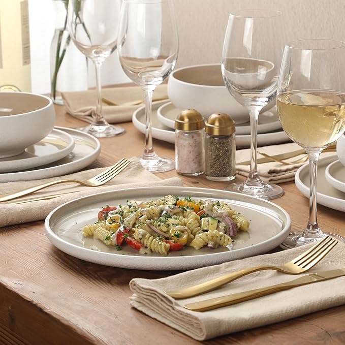 Gibson Elite Pacifco Beach Plates and Bowls Sets, 12-Piece Stoneware Dinnerware Sets, Reactive Glaze Dish Set - Taupe