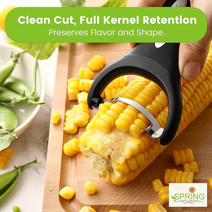 Spring Chef Stainless Steel Corn Peeler, Corn on the Cob Stripper Tool, 2Pk | Durable Corn Kernel Remover Tool with Ergonomic Handle – Easy to Use Kernel Cutter - Dishwasher Safe Corn Cutter, Black