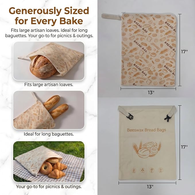 Two Styles Reusable Beeswax Bread Bags for Homemade Sourdough | Organic and Freezer Safe Bread Bags, Linen with Zipper and Buckle to Keep Bread Fresh, Great Gift for Baking Enthusiasts