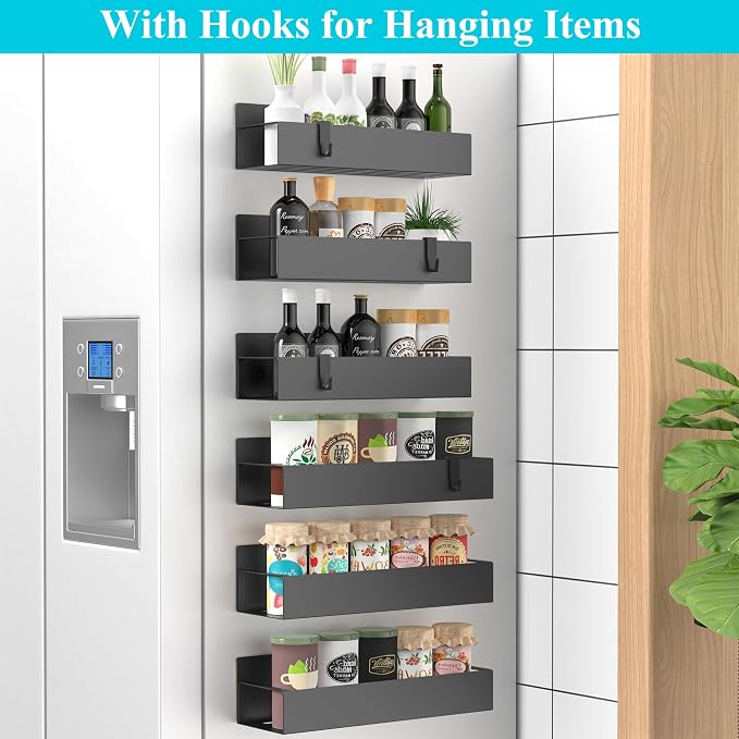 Metal Magnetic Spice Rack for Refrigerator Matt Black, 6 Pack | Magnetic Shelves Heavy Duty for Fridge in Kitchen, Seasoning Storage Organizer, For Oven Washer and Dryer, For Heavier Items