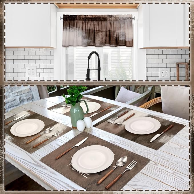 16 Pcs Abstract Art Kitchen Decor Set 4 Brown Kitchen Towels 2 Non Slip Rugs and Mats for Floor 2 Modern Oven Mitts Gloves 2 Pot Holders 4 Placemats 2 Art Abstract Curtains for Home Decoration Gift