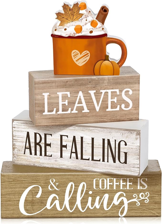 Lineshading 4 Pcs Fall Coffee Table Decor Wooden Pumpkin Latte Block Signs | Rustic Farmhouse Tiered Tray Decor, Thanksgiving Home Decorations, Pumpkin Mug Topper, Fall Coffee Bar Shelf Signs