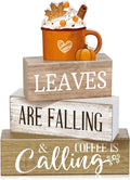 Lineshading 4 Pcs Fall Coffee Table Decor Wooden Pumpkin Latte Block Signs | Rustic Farmhouse Tiered Tray Decor, Thanksgiving Home Decorations, Pumpkin Mug Topper, Fall Coffee Bar Shelf Signs