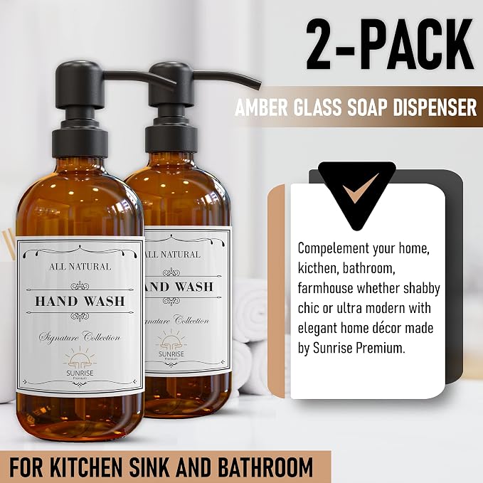 Amber Glass Soap Dispenser Matte Black with Pump, 16 oz | Amber Glass, Matte Black Stainless Steel Pump Hand and Dish,Bathroom and Kitchen Sink Use 6 Waterproof (Pack of 2)