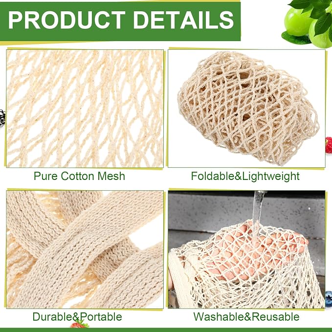Paterr 50 Pack Cotton Mesh Produce Bags Bulk,Short Handle,Beige | Reusable Mesh Grocery Bags Bulk, Washable Net Market Tote String Shopping Bags, for Vegetable Fruit Beach Picnic Food Storage