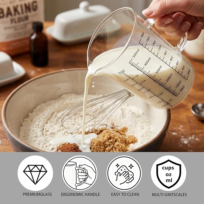 18 oz/500ml Glass Measuring Cup,OLULU 2 Cup Liquid Measuring Cup with 3 Measurement Scales (Cup/Oz/ml), Borosilicate Glass Measuring Cup with Handle & Spout for Baking, Cooking