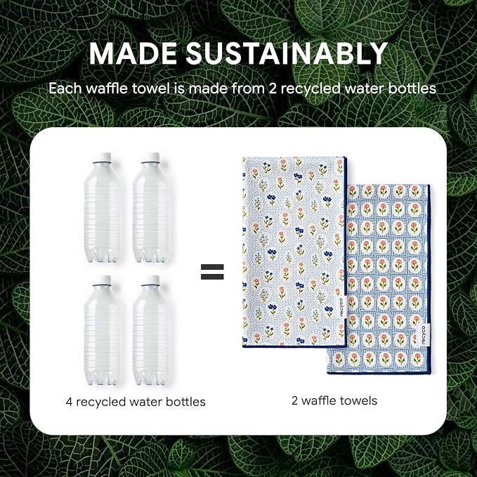 RECYCO Waffle Kitchen Towel Set of 2 - Quick Dry Microfiber Sustainable Dish Towels - Ultra Absorbent Reusable Cleaning Tea Towels - Lightweight Hand Towels,16”x 28”, Bloom Tiles