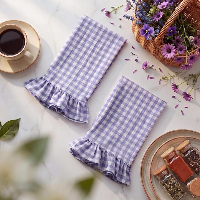 HunnmingRe 2 Pcs Purple Gingham Kitchen Towels Cotton Ruffled | Checked Dish Towels 18"x28" Tea Cloths Plaid Cottage Core Kitchen Decor for Farmhouse Charm Drying Dishes Entertaining Guests