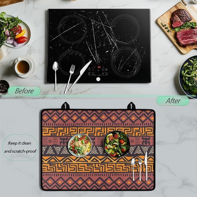 African Tribal Stove Top Covers for Electric Stove | Mud Cloth Pattern, Geometric Ethnic, Glass Top Gas Stove Pad, Heat Resistant, Range Cooktop Mat for Kitchen, 28"x20"