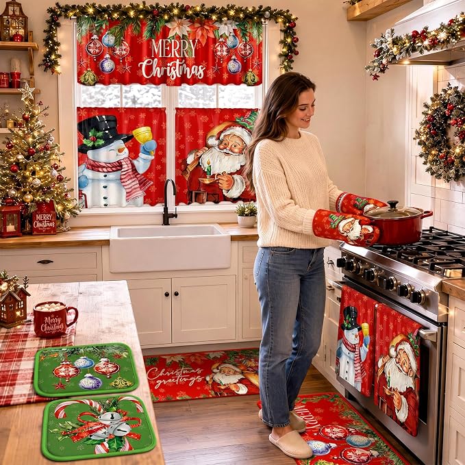 13 Pcs Christmas Kitchen Sets Christmas Oven Mitts and Pot Holders Set Xmas Kitchen Dish Towels Santa Rugs and Nonslip Mats for Home Cooking Baking Grilling Gift Decoration