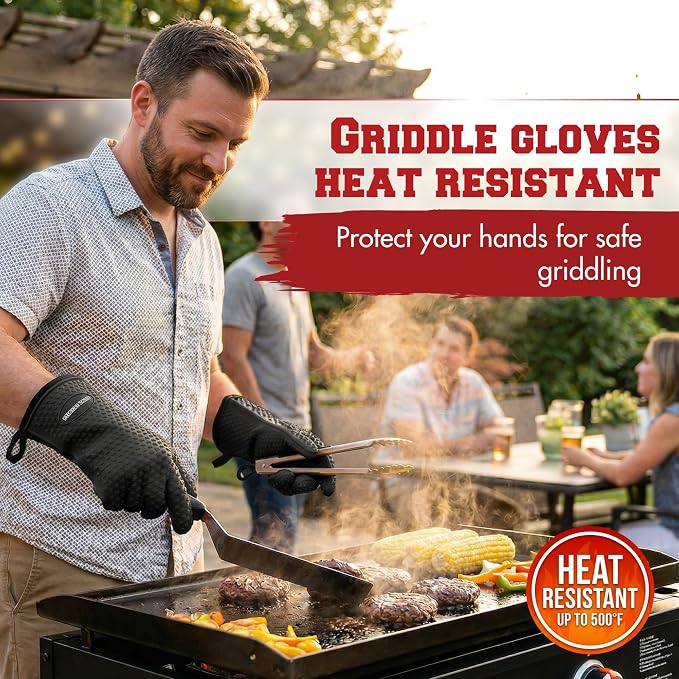 KITCHEN PERFECTION XL Silicone Griddle Gloves - Heat Resistant Oven Mitts | Waterproof, 5-Finger Design For A Better Grip, Best Griddle Grilling Accessories, Compatible with Blackstone, Weber & More