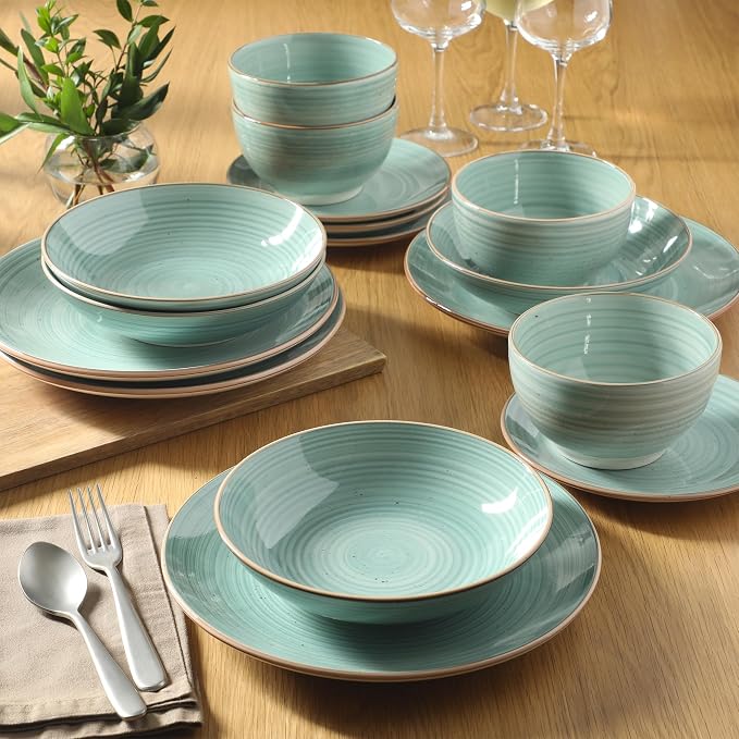 Gibson Home Stonebury 16 Piece Plates and Bowls Teal Dishes - Handpainted Stoneware Dinnerware Set - Service for 4