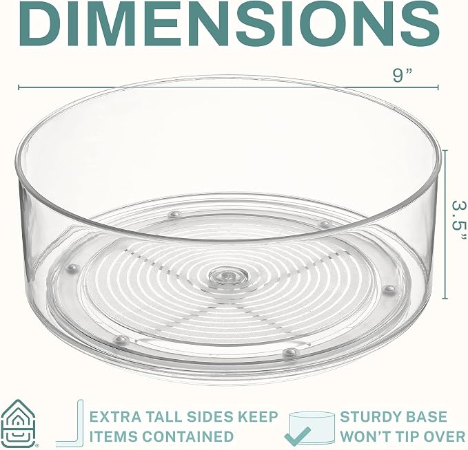 Home Intuition Round Plastic Clear Lazy Susan Turntable Food Storage Container for Kitchen (9" Round, 1 Pack)