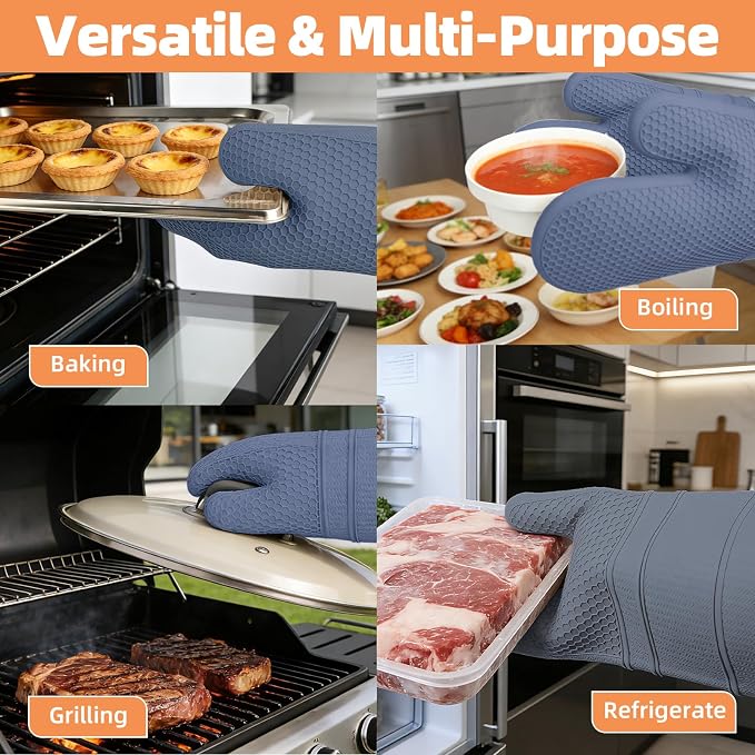 YUTAT Silicone Oven Mitts,Heat Resistant Oven Gloves with Soft Polyester Filling,Perfect for BBQ, Baking and Cooking,Blue,2 Pcs Set