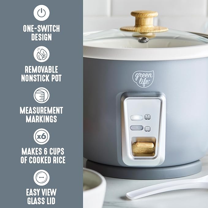 GreenLife Rice Cooker, 3-Cups Uncooked/6-Cups Cooked, Gray | PFAS-Free Ceramic Nonstick Removable Pot, One-Switch Design, Grains Multicooker, Keep Warm, Dishwasher Safe Parts, Easy Clean