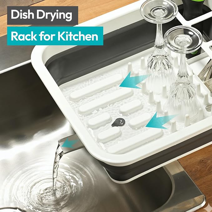 Collapsible Dish Drying Rack, Pop-Up with Drainboard, 8 Plate Capacity | Dish Strainer and Drainer, Over Sink Plate Rack, Utensil Holder, Plastic Rust-Free, Portable for RV Camping Kitchen Counter