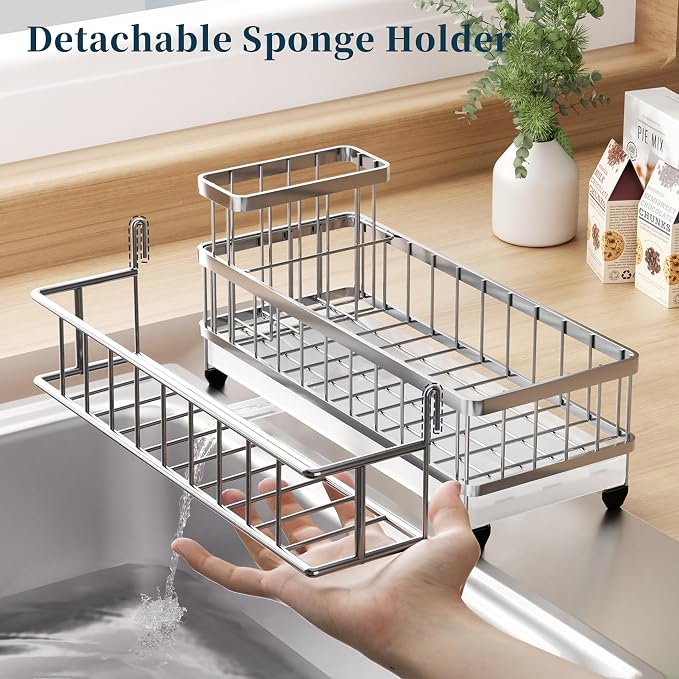 Consumest Sponge Holder for Kitchen Sink - Auto Draining Sink Caddy Organizer with Detachable Rack, High Brush Holder, Kitchen Countertop Storage Accessories, Silver-Extra Large