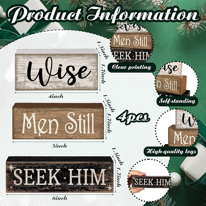 Lineshading 4 Pcs Christmas Nativity Wooden Blocks Wise Men Table Decor | Christian Tiered Tray Decor, Seek Him Message, Rustic Stackable Blocks for Church Home Office Desk, Nativity Scene Display