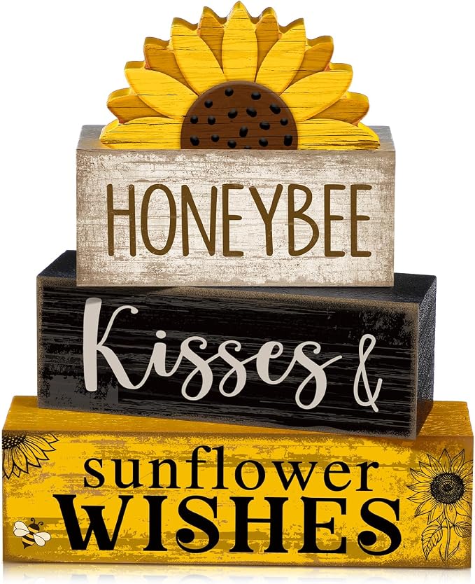 Lineshading 4 Pcs Sunflower Table Decor Farmhouse Summer Tiered Tray Decor | Stackable Rustic Block Signs with Honeybee Sunflower Wishes Theme, Tabletop Shelf Decoration for Farmhouse Gift